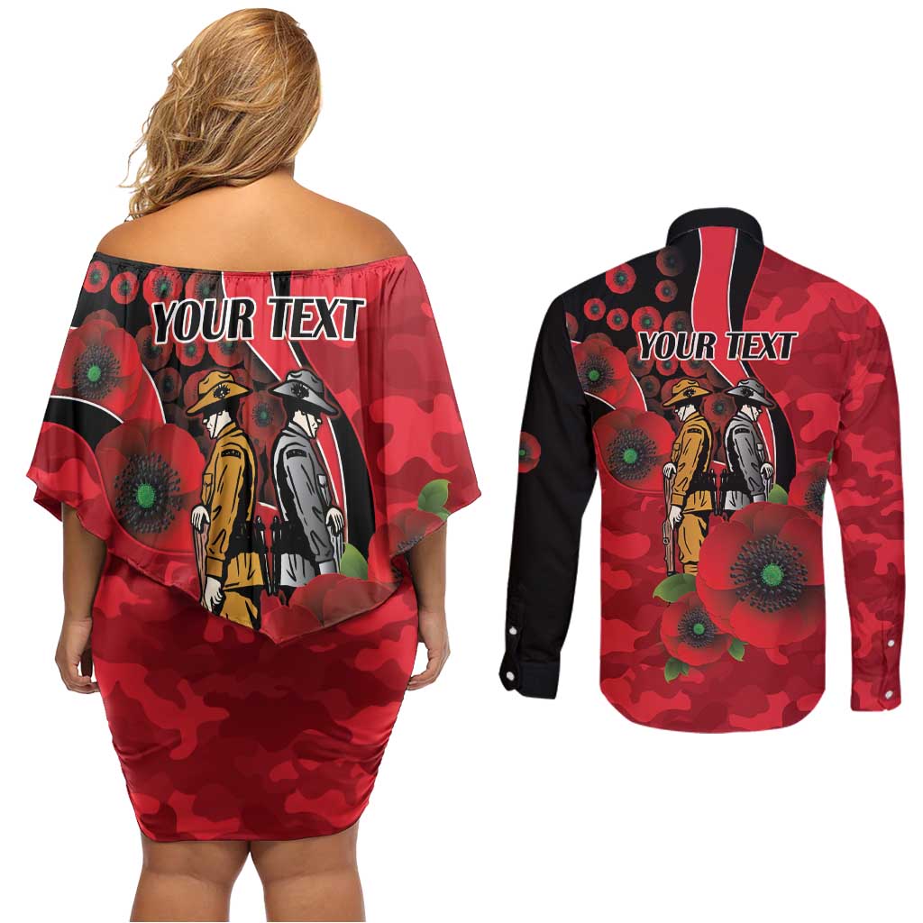 St Saints ANZAC Personalised Couples Matching Off Shoulder Short Dress and Long Sleeve Button Shirt Lest We Forget Poppy Camo