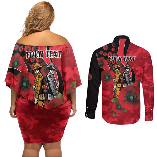St Saints ANZAC Personalised Couples Matching Off Shoulder Short Dress and Long Sleeve Button Shirt Lest We Forget Poppy Camo