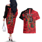 St Saints ANZAC Personalised Couples Matching Off The Shoulder Long Sleeve Dress and Hawaiian Shirt Lest We Forget Poppy Camo