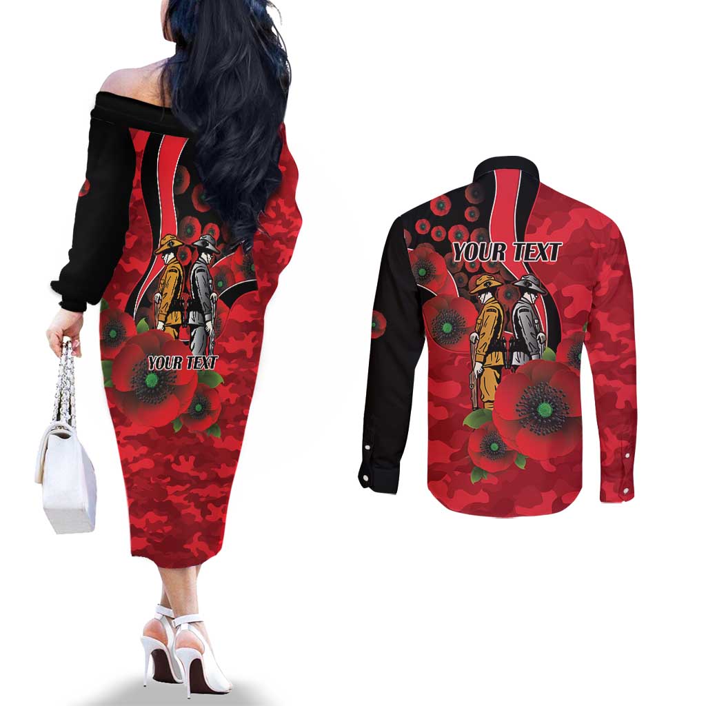 St Saints ANZAC Personalised Couples Matching Off The Shoulder Long Sleeve Dress and Long Sleeve Button Shirt Lest We Forget Poppy Camo