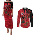 St Saints ANZAC Personalised Couples Matching Puletasi and Long Sleeve Button Shirt Lest We Forget Poppy Camo