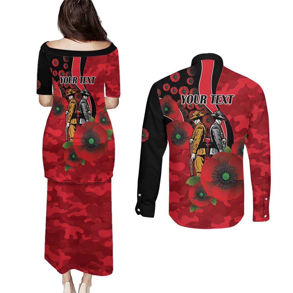 St Saints ANZAC Personalised Couples Matching Puletasi and Long Sleeve Button Shirt Lest We Forget Poppy Camo
