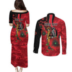 St Saints ANZAC Personalised Couples Matching Puletasi and Long Sleeve Button Shirt Lest We Forget Poppy Camo
