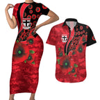 St Saints ANZAC Personalised Couples Matching Short Sleeve Bodycon Dress and Hawaiian Shirt Lest We Forget Poppy Camo