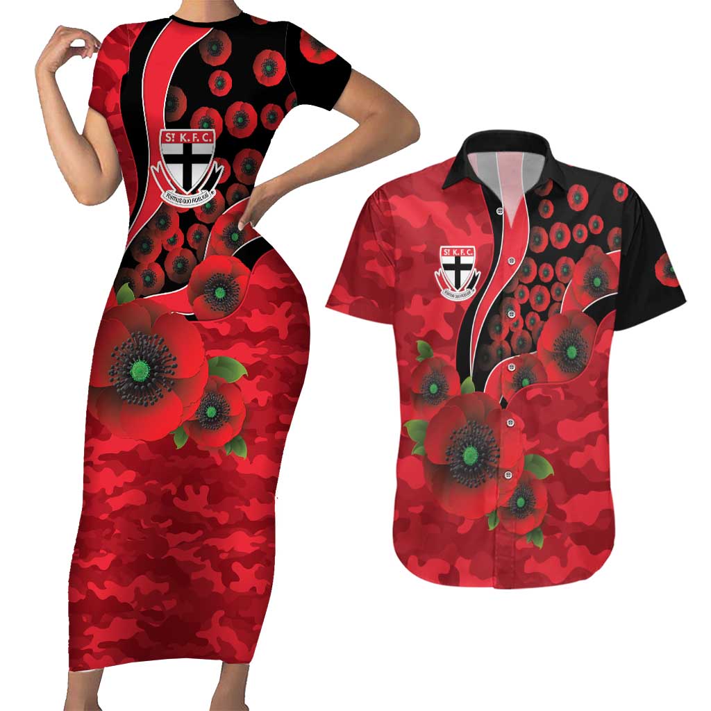 St Saints ANZAC Personalised Couples Matching Short Sleeve Bodycon Dress and Hawaiian Shirt Lest We Forget Poppy Camo