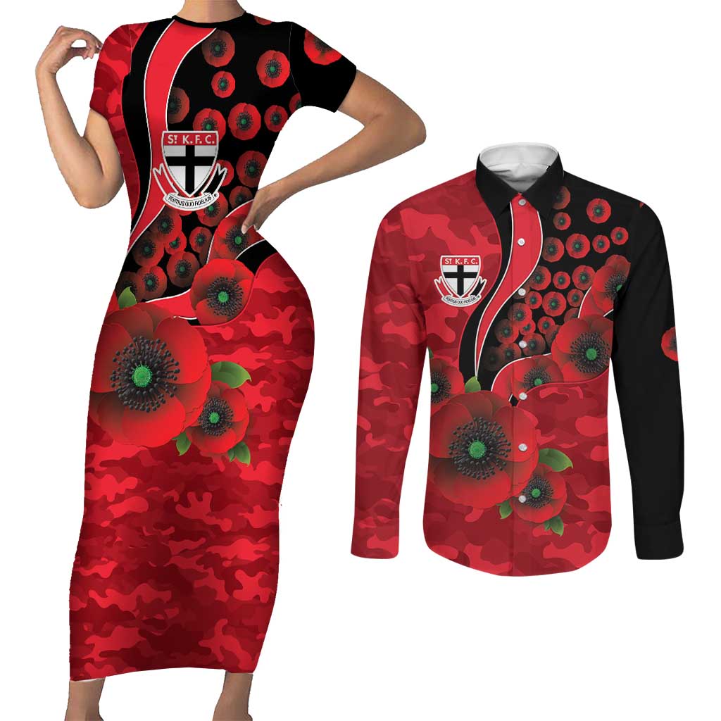 St Saints ANZAC Personalised Couples Matching Short Sleeve Bodycon Dress and Long Sleeve Button Shirt Lest We Forget Poppy Camo