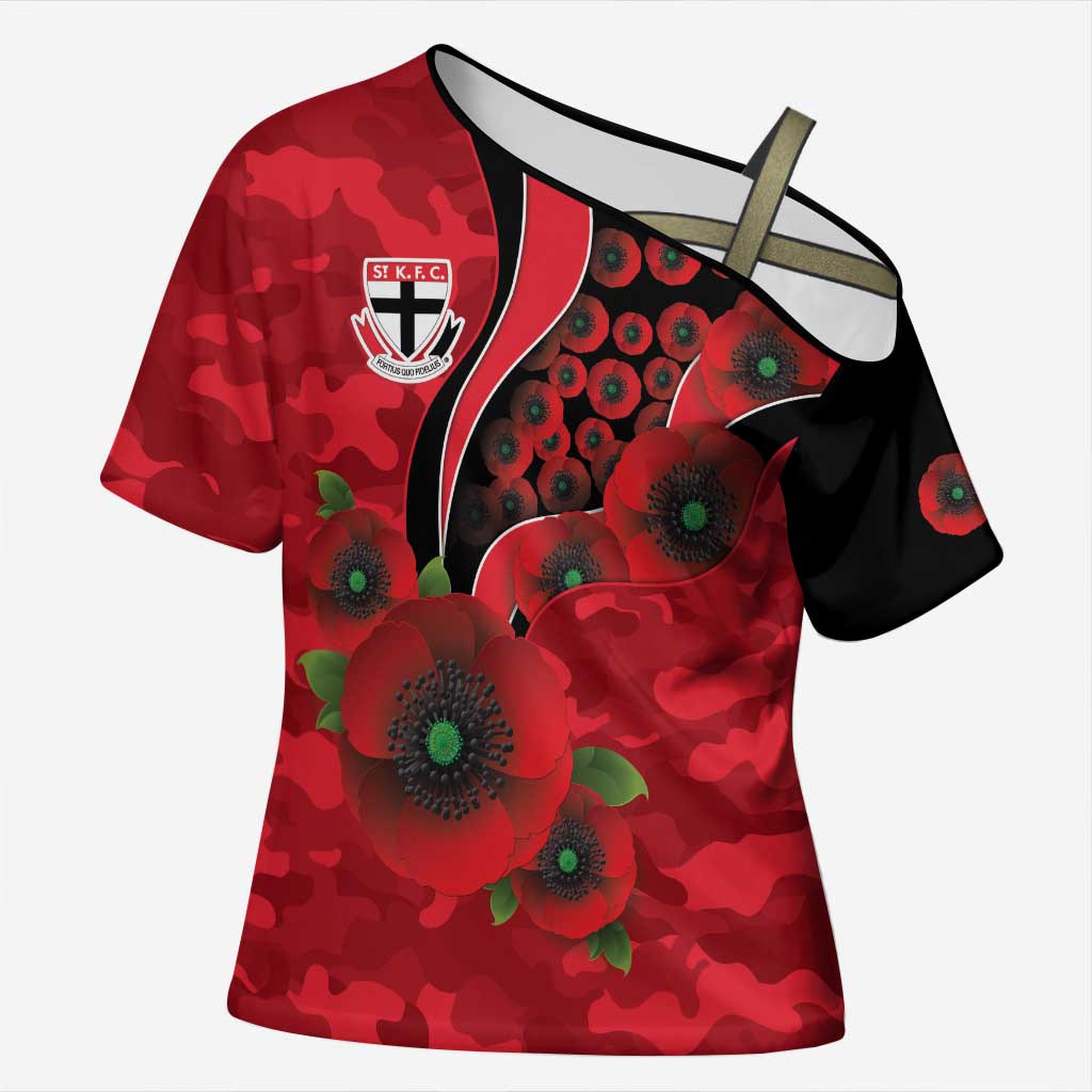 St Saints ANZAC Personalised Cross Shoulder Shirt Lest We Forget Poppy Camo