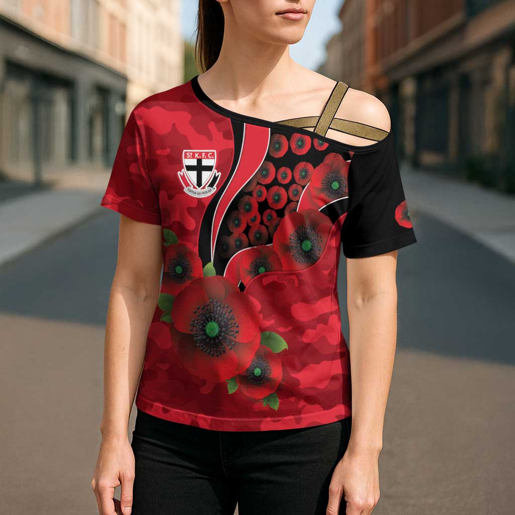 St Saints ANZAC Personalised Cross Shoulder Shirt Lest We Forget Poppy Camo