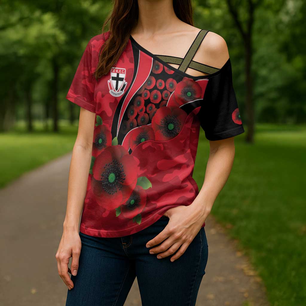 St Saints ANZAC Personalised Cross Shoulder Shirt Lest We Forget Poppy Camo