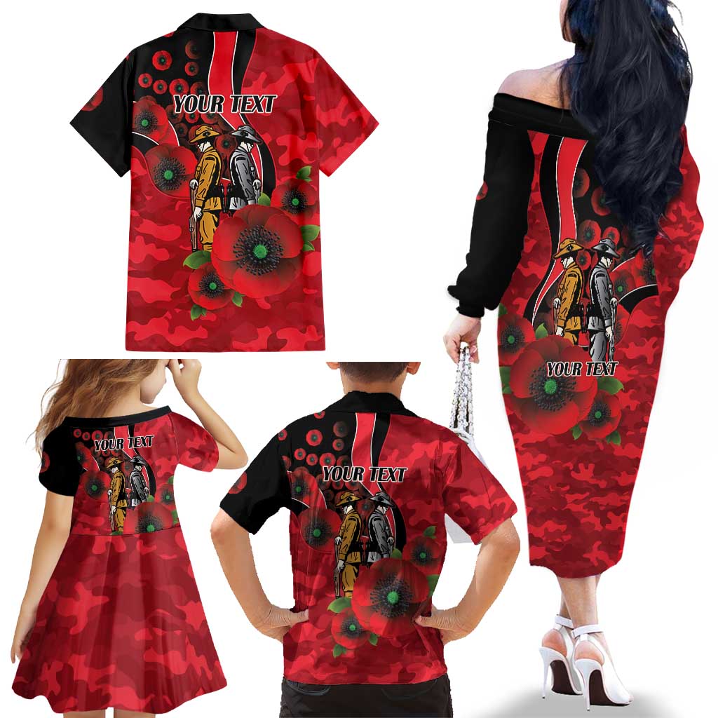 St Saints ANZAC Personalised Family Matching Off The Shoulder Long Sleeve Dress and Hawaiian Shirt Lest We Forget Poppy Camo