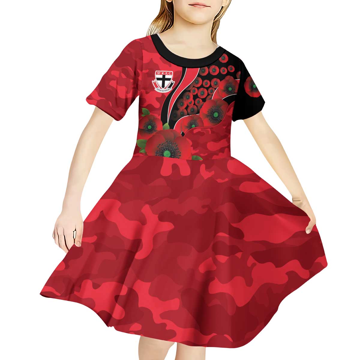St Saints ANZAC Personalised Kid Short Sleeve Dress Lest We Forget Poppy Camo