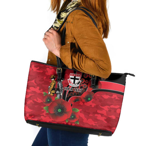St Saints ANZAC Personalised Leather Tote Bag Lest We Forget Poppy Camo