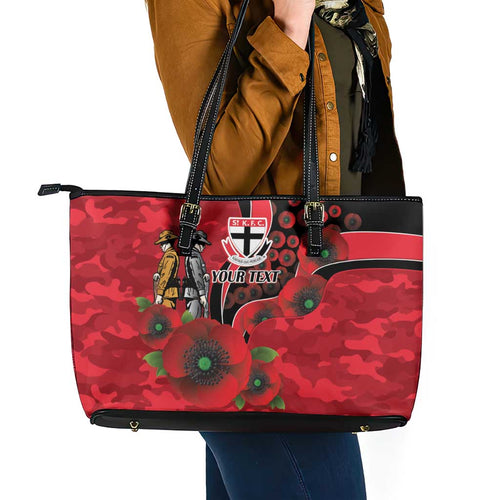 St Saints ANZAC Personalised Leather Tote Bag Lest We Forget Poppy Camo