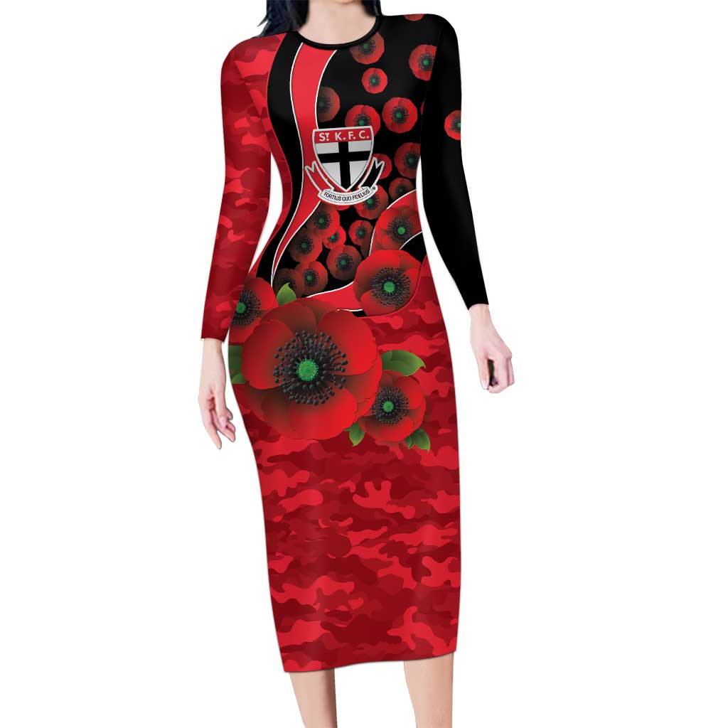St Saints ANZAC Personalised Long Sleeve Bodycon Dress Lest We Forget Poppy Camo