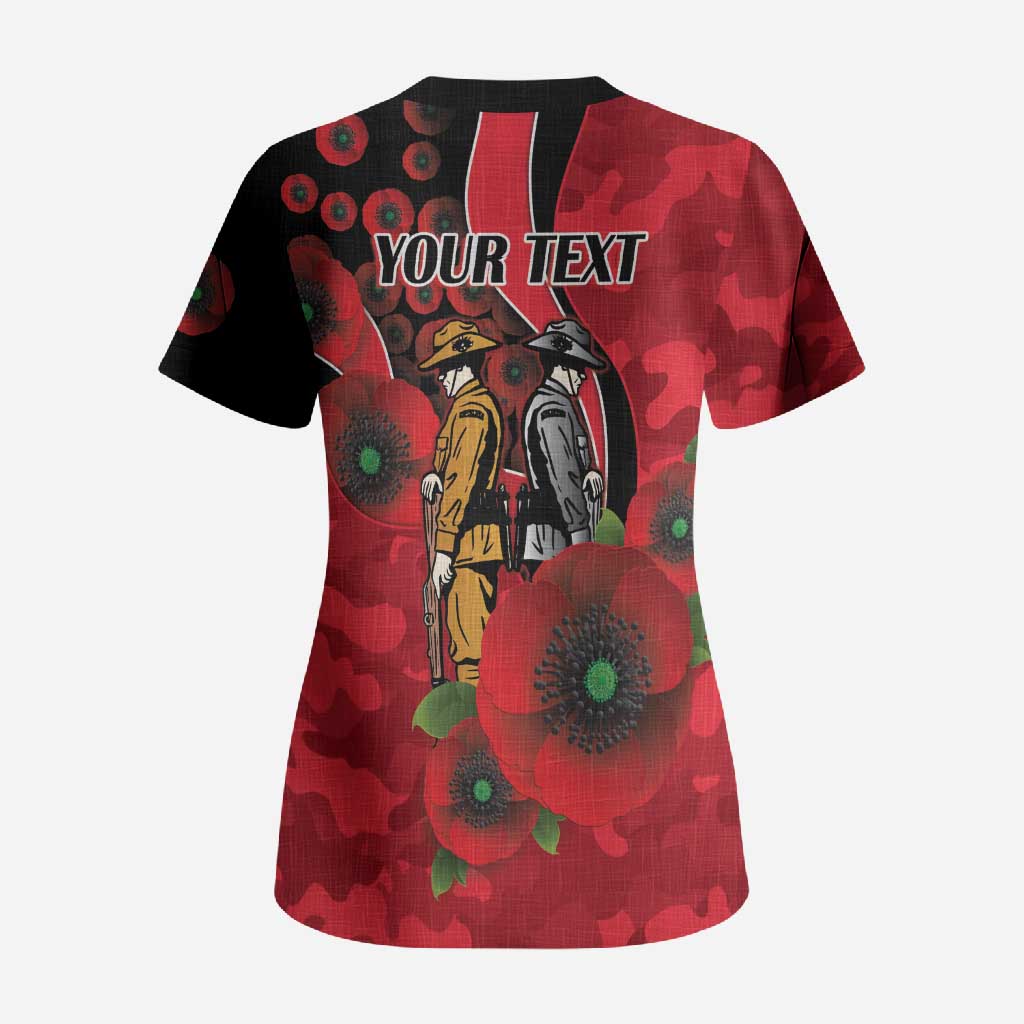 St Saints ANZAC Personalised Scrub Top Lest We Forget Poppy Camo