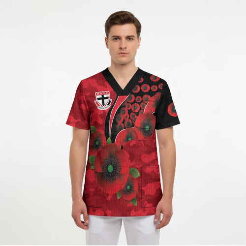 St Saints ANZAC Personalised Scrub Top Lest We Forget Poppy Camo