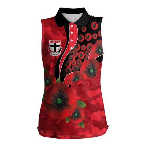 St Saints ANZAC Personalised Women Sleeveless Polo Shirt Lest We Forget Poppy Camo