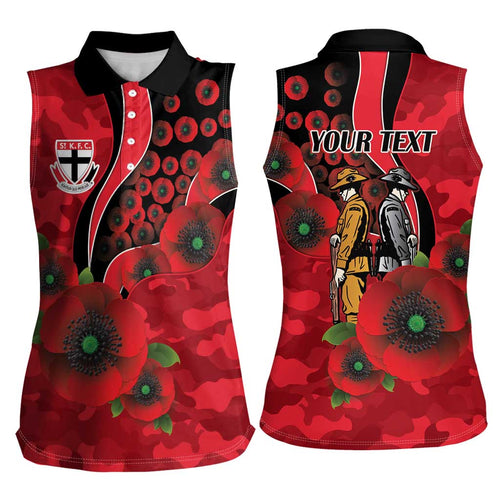 St Saints ANZAC Personalised Women Sleeveless Polo Shirt Lest We Forget Poppy Camo