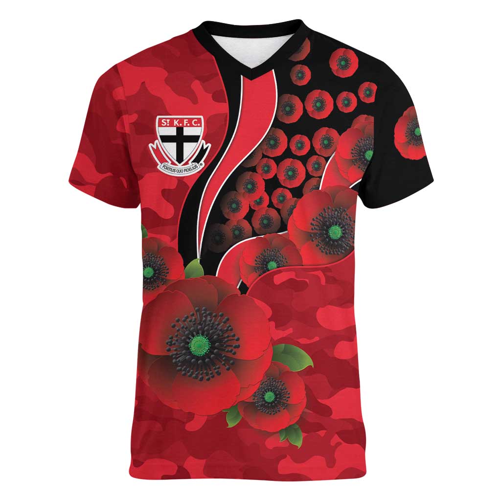 St Saints ANZAC Personalised Women V-Neck T-Shirt Lest We Forget Poppy Camo
