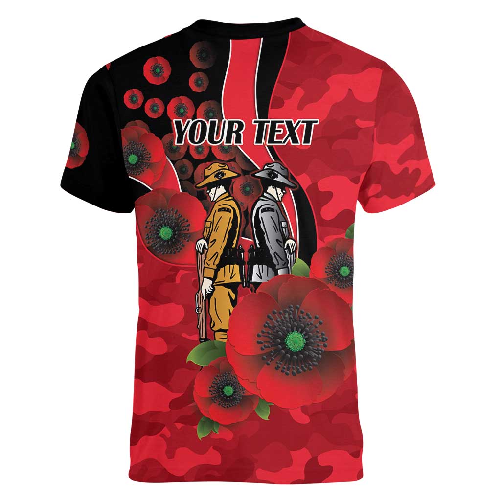 St Saints ANZAC Personalised Women V-Neck T-Shirt Lest We Forget Poppy Camo