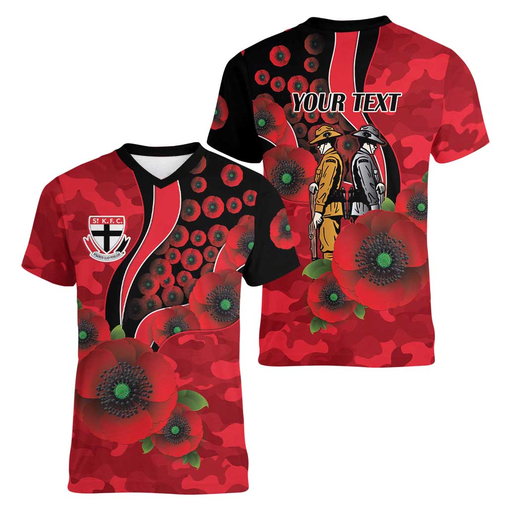St Saints ANZAC Personalised Women V-Neck T-Shirt Lest We Forget Poppy Camo