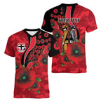 St Saints ANZAC Personalised Women V-Neck T-Shirt Lest We Forget Poppy Camo