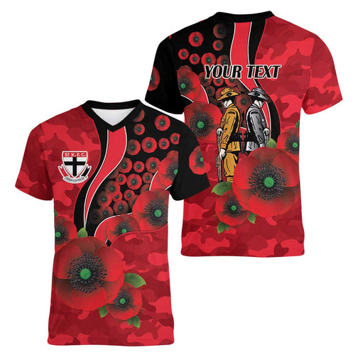 St Saints ANZAC Personalised Women V-Neck T-Shirt Lest We Forget Poppy Camo