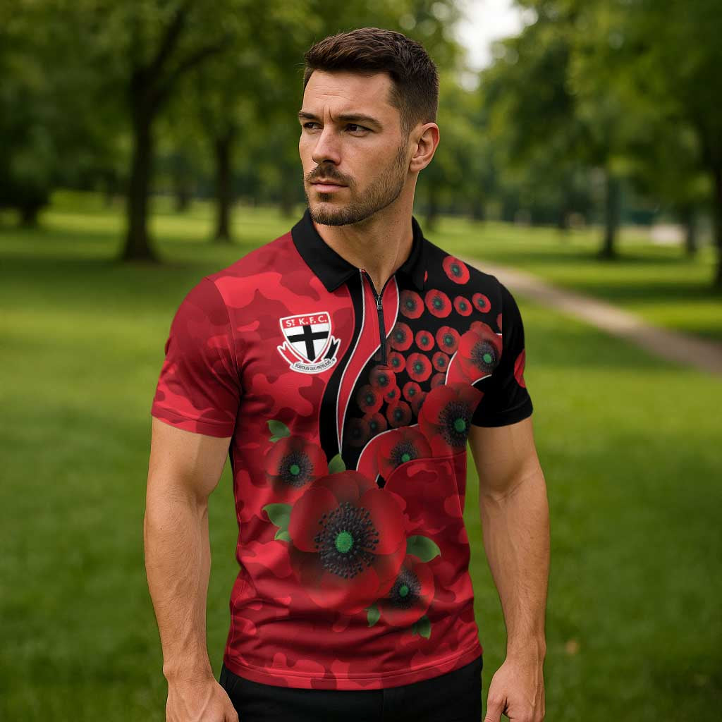 St Saints ANZAC Personalised Zipper Polo Shirt Lest We Forget Poppy Camo