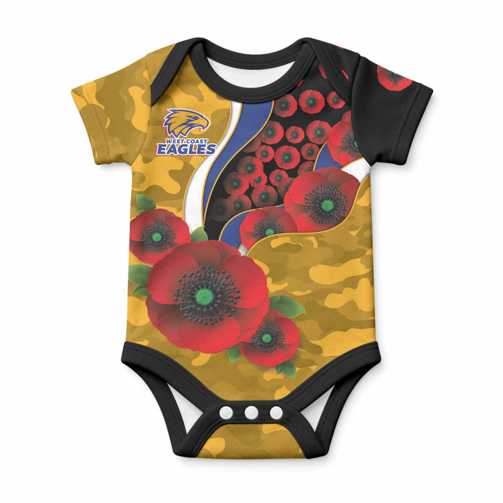 West Eagles ANZAC Personalised Baby Onesie Lest We Forget Poppy Camo