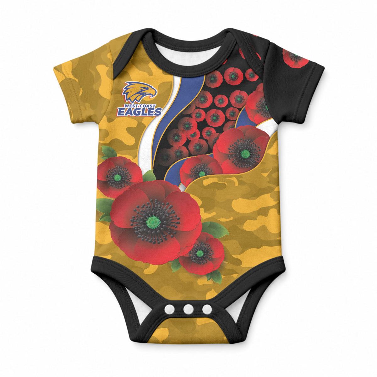 West Eagles ANZAC Personalised Baby Onesie Lest We Forget Poppy Camo