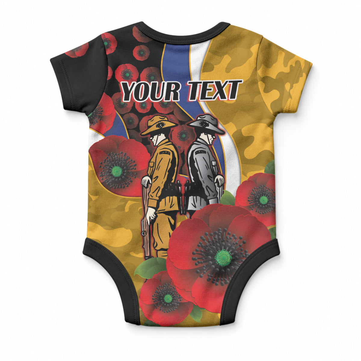 West Eagles ANZAC Personalised Baby Onesie Lest We Forget Poppy Camo