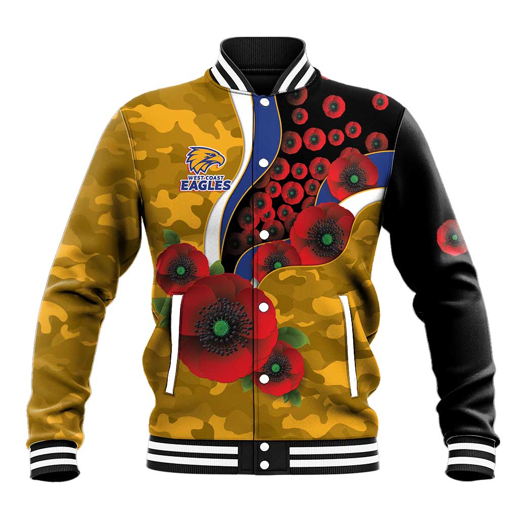 West Eagles ANZAC Personalised Baseball Jacket Lest We Forget Poppy Camo