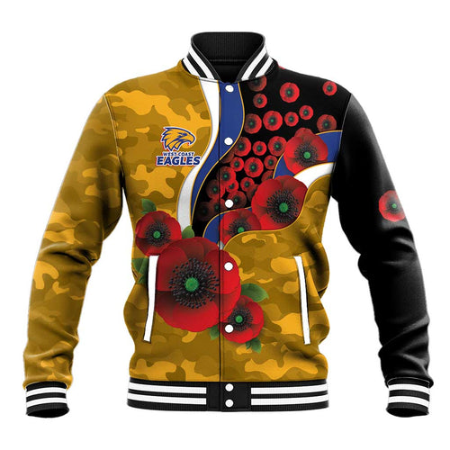 West Eagles ANZAC Personalised Baseball Jacket Lest We Forget Poppy Camo