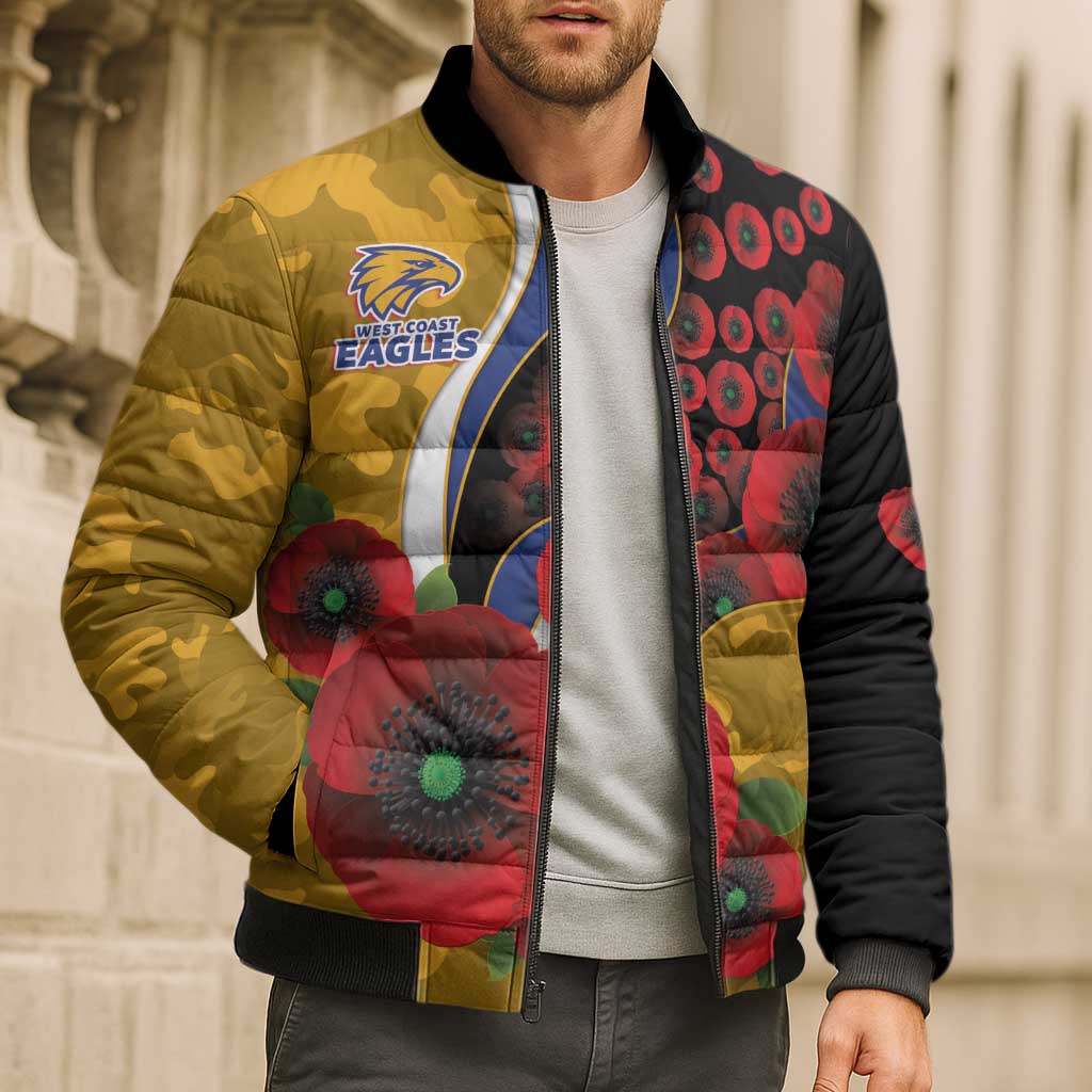 West Eagles ANZAC Personalised Bomber Puffer Jacket Lest We Forget Poppy Camo