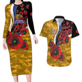 West Eagles ANZAC Personalised Couples Matching Long Sleeve Bodycon Dress and Hawaiian Shirt Lest We Forget Poppy Camo