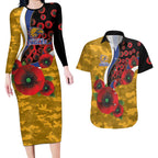 West Eagles ANZAC Personalised Couples Matching Long Sleeve Bodycon Dress and Hawaiian Shirt Lest We Forget Poppy Camo