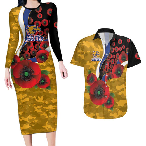 West Eagles ANZAC Personalised Couples Matching Long Sleeve Bodycon Dress and Hawaiian Shirt Lest We Forget Poppy Camo