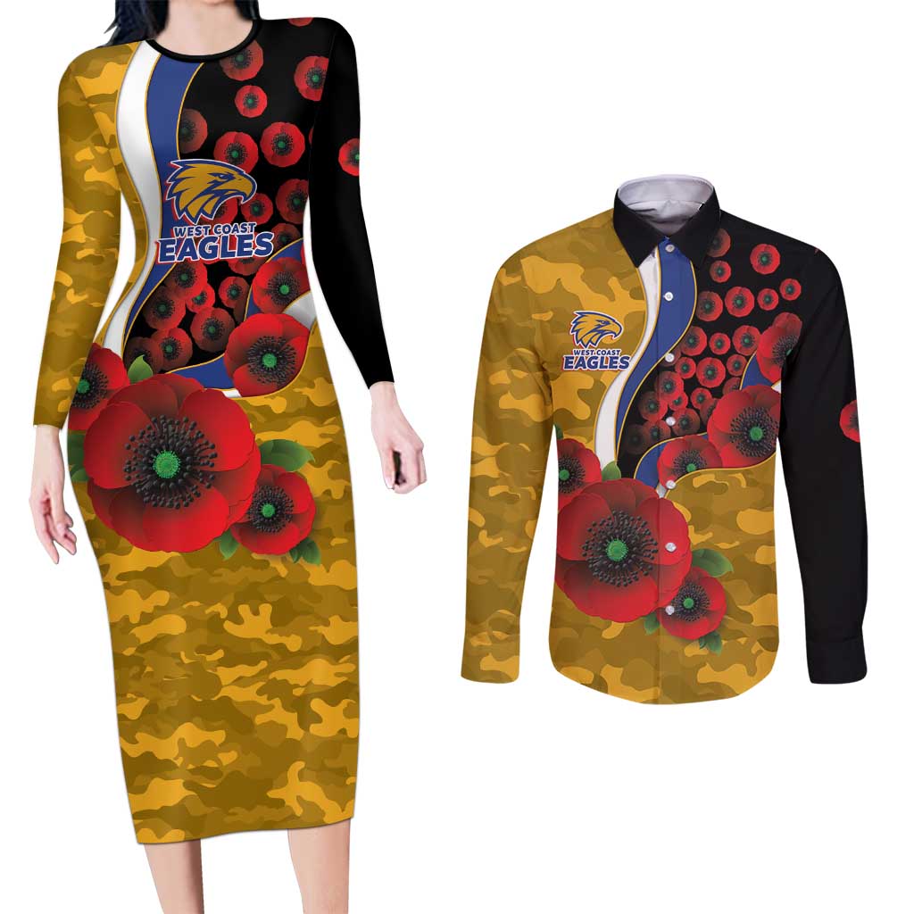 West Eagles ANZAC Personalised Couples Matching Long Sleeve Bodycon Dress and Long Sleeve Button Shirt Lest We Forget Poppy Camo