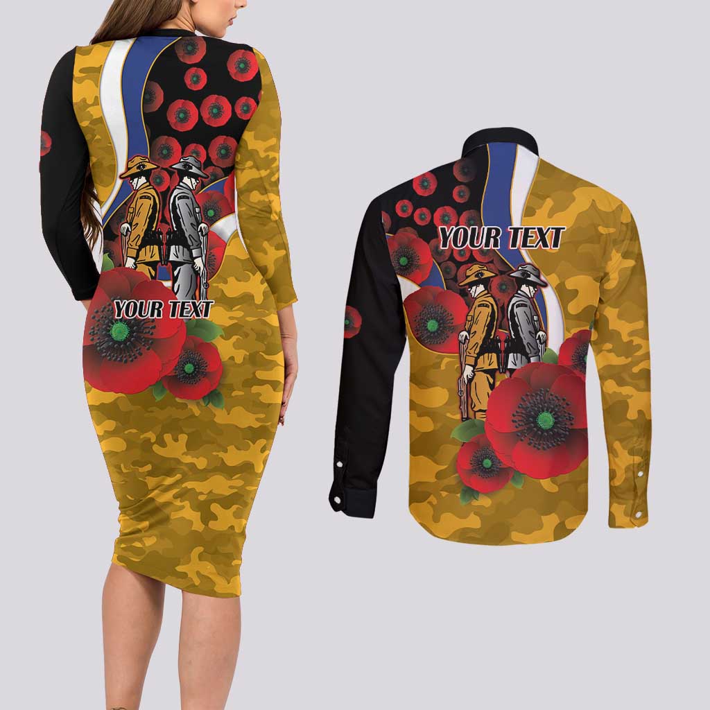 West Eagles ANZAC Personalised Couples Matching Long Sleeve Bodycon Dress and Long Sleeve Button Shirt Lest We Forget Poppy Camo