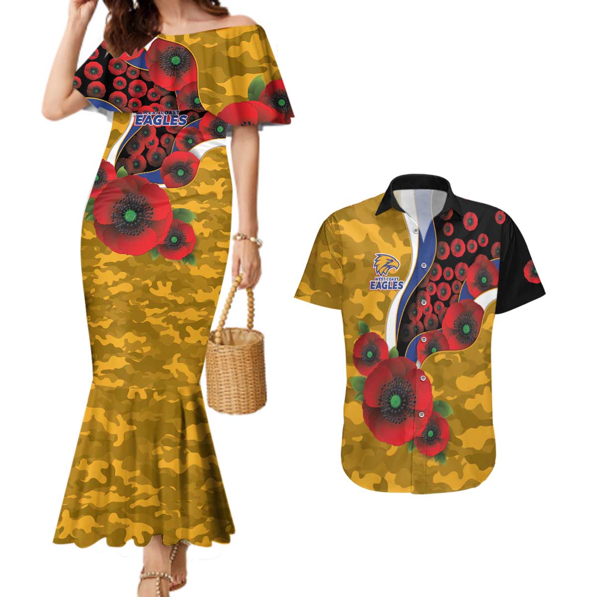 West Eagles ANZAC Personalised Couples Matching Mermaid Dress and Hawaiian Shirt Lest We Forget Poppy Camo