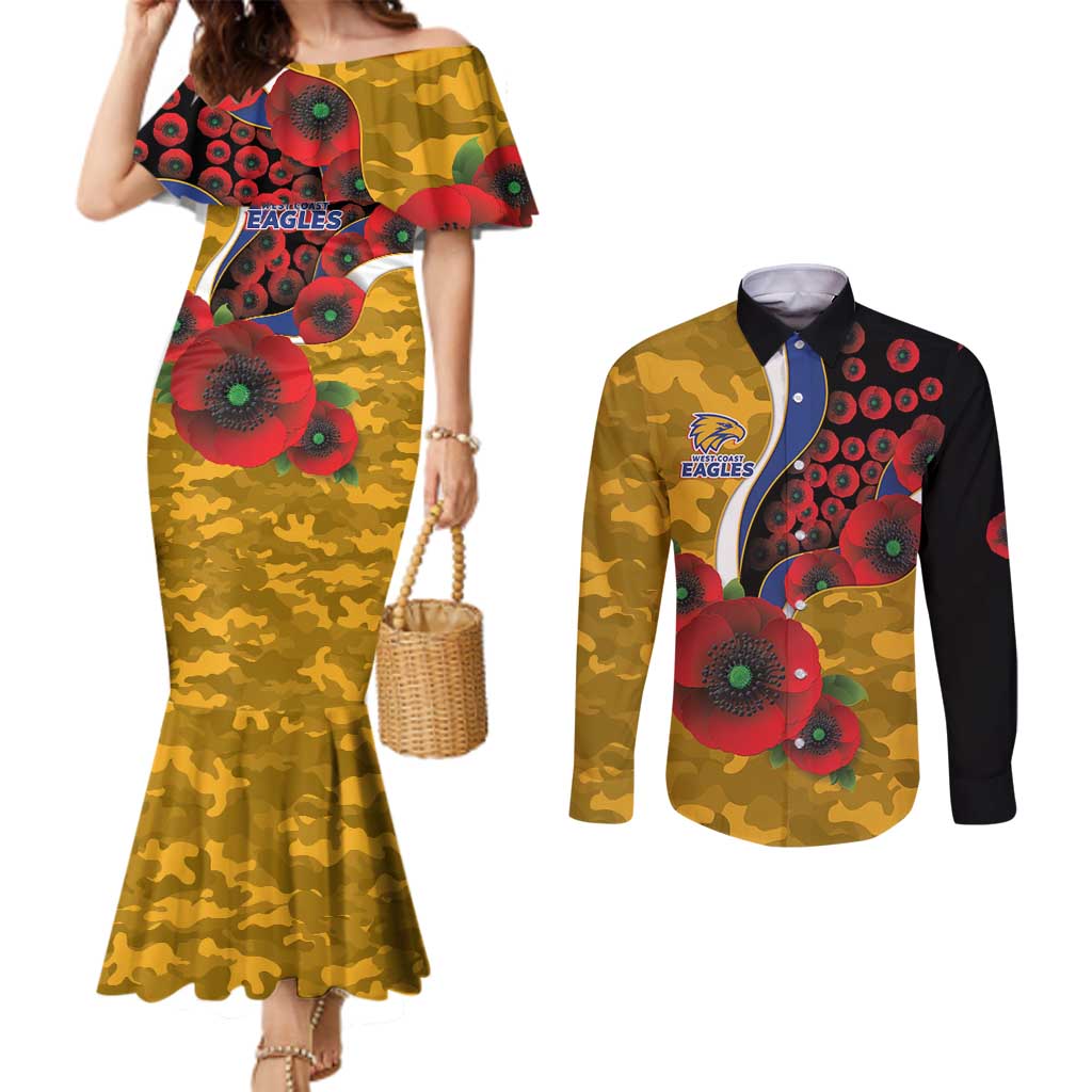 West Eagles ANZAC Personalised Couples Matching Mermaid Dress and Long Sleeve Button Shirt Lest We Forget Poppy Camo