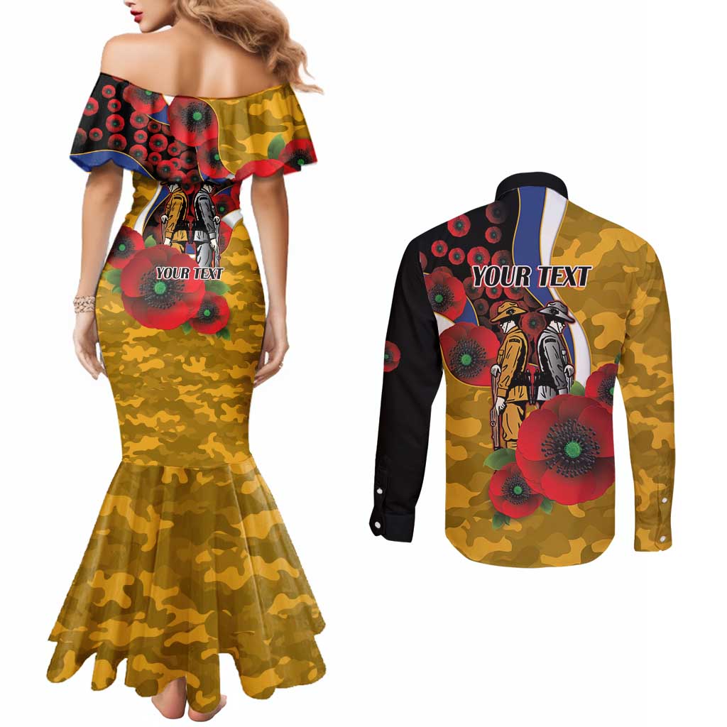 West Eagles ANZAC Personalised Couples Matching Mermaid Dress and Long Sleeve Button Shirt Lest We Forget Poppy Camo