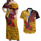 West Eagles ANZAC Personalised Couples Matching Off Shoulder Maxi Dress and Hawaiian Shirt Lest We Forget Poppy Camo