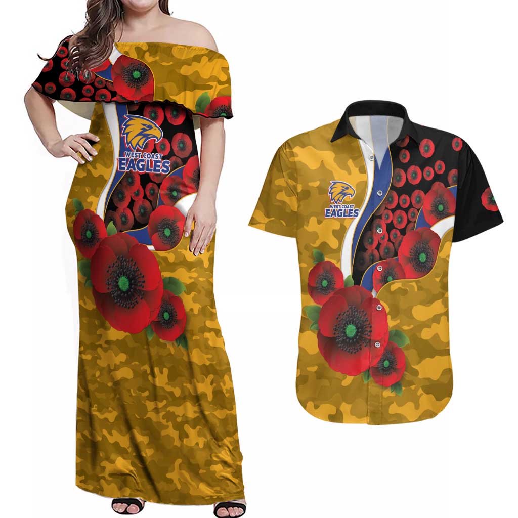 West Eagles ANZAC Personalised Couples Matching Off Shoulder Maxi Dress and Hawaiian Shirt Lest We Forget Poppy Camo