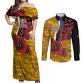 West Eagles ANZAC Personalised Couples Matching Off Shoulder Maxi Dress and Long Sleeve Button Shirt Lest We Forget Poppy Camo
