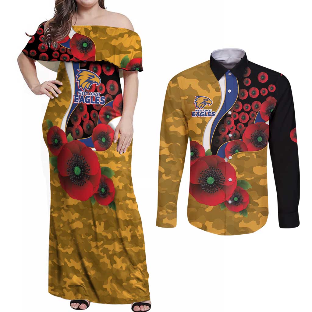 West Eagles ANZAC Personalised Couples Matching Off Shoulder Maxi Dress and Long Sleeve Button Shirt Lest We Forget Poppy Camo