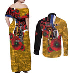 West Eagles ANZAC Personalised Couples Matching Off Shoulder Maxi Dress and Long Sleeve Button Shirt Lest We Forget Poppy Camo