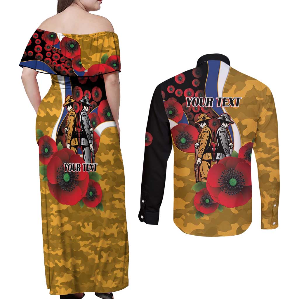 West Eagles ANZAC Personalised Couples Matching Off Shoulder Maxi Dress and Long Sleeve Button Shirt Lest We Forget Poppy Camo
