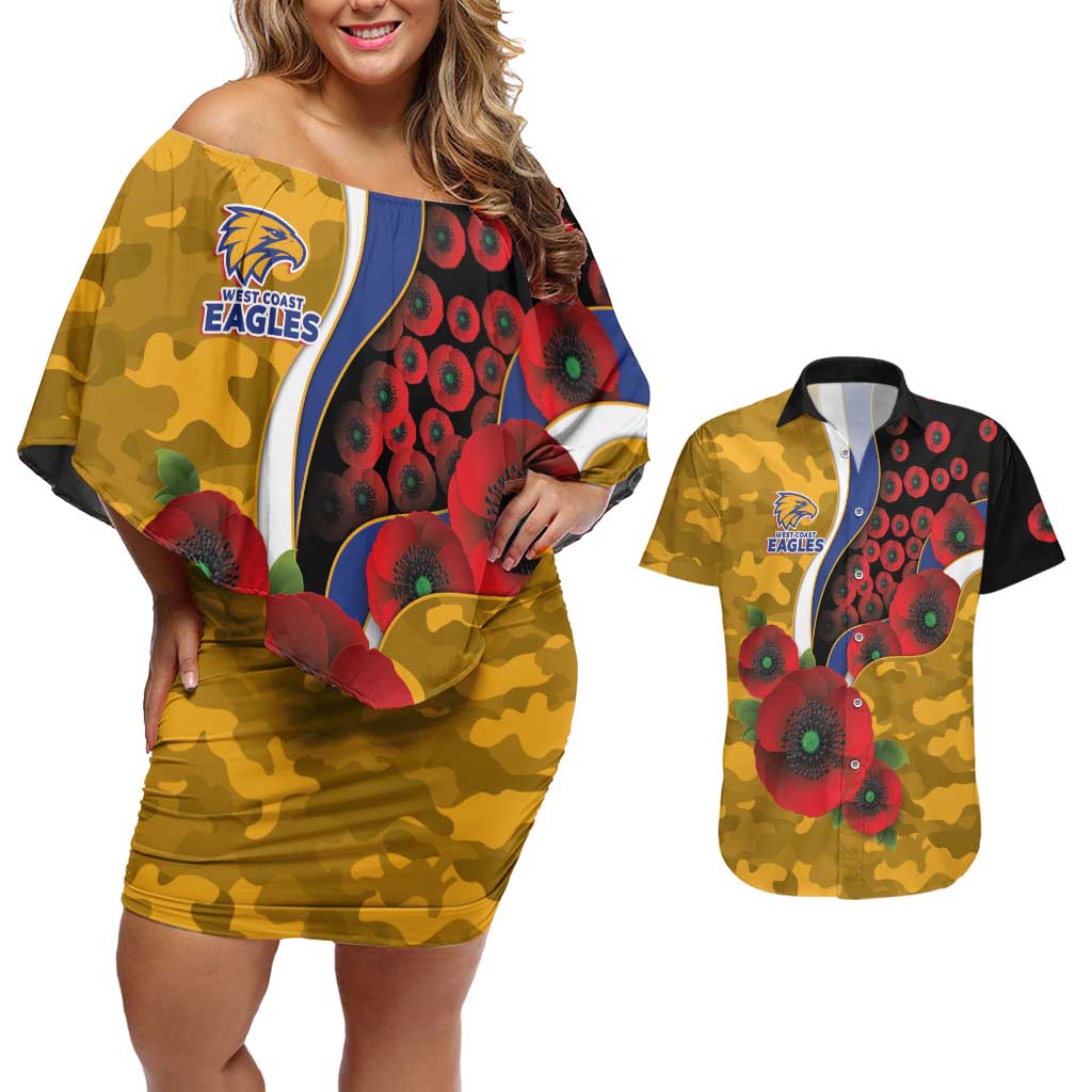 West Eagles ANZAC Personalised Couples Matching Off Shoulder Short Dress and Hawaiian Shirt Lest We Forget Poppy Camo
