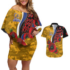 West Eagles ANZAC Personalised Couples Matching Off Shoulder Short Dress and Hawaiian Shirt Lest We Forget Poppy Camo